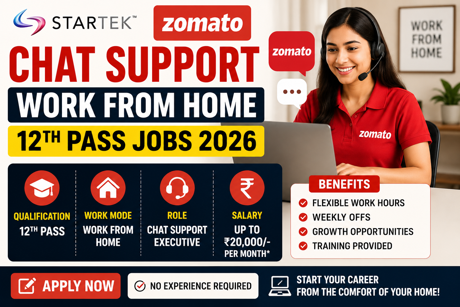 Startek Zomato Chat Support Work From Home: 12th Pass Jobs 2026